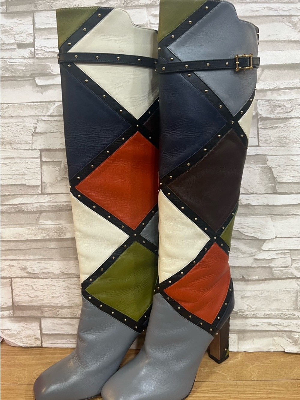Valentino Garavani Multicolor Patchwork Leather Knee Boots - Picture 6 of 16